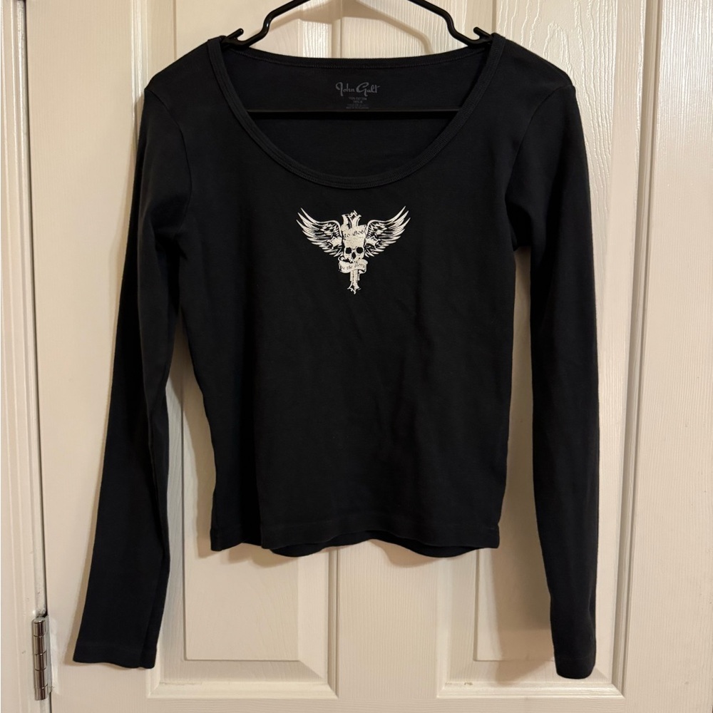 Brandy Melville Black Fitted Long Sleeve Top With White Skull
